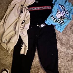 True Religion Cream Hoodie and Black Jeans with Blue and black Tee
